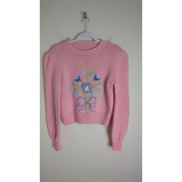 Vintage Cropped Hand Knit Sweater Balloon Sleeves Floral Design Women's Small - Picture 8 of 8